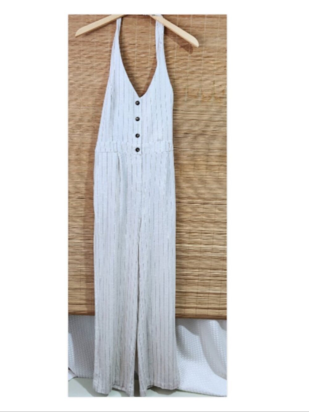 Linen Striped Wide Leg Halter Jumpsuit Cream Black NWT Monteau Los Angeles M Med